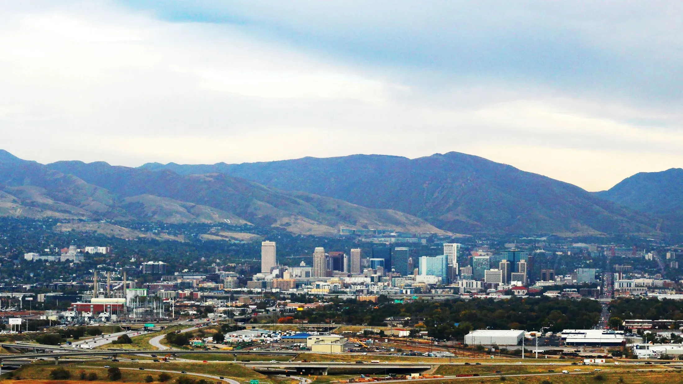 Downtown Salt Lake City and the Wasatch mountains viewed across the valley